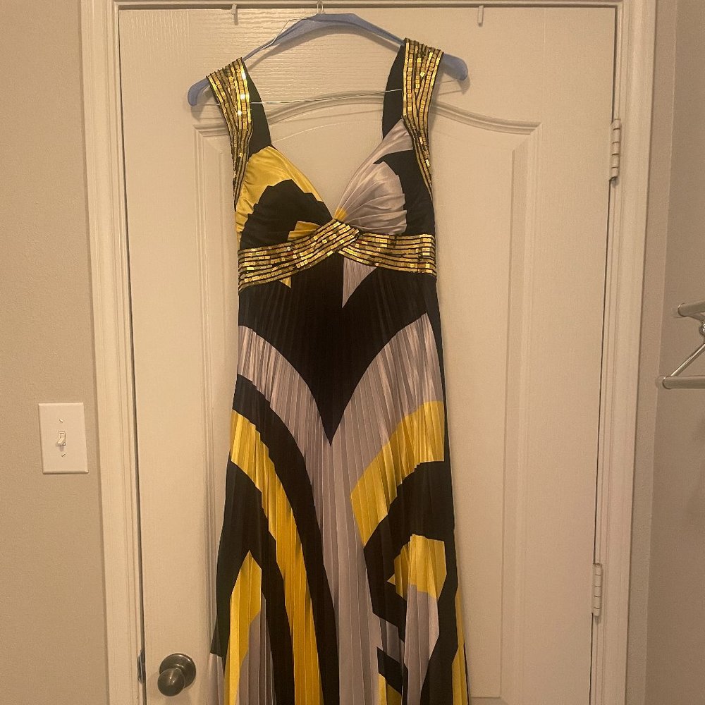 Elegant Evening Dress, Size 12, Black/Yellow/Gray
